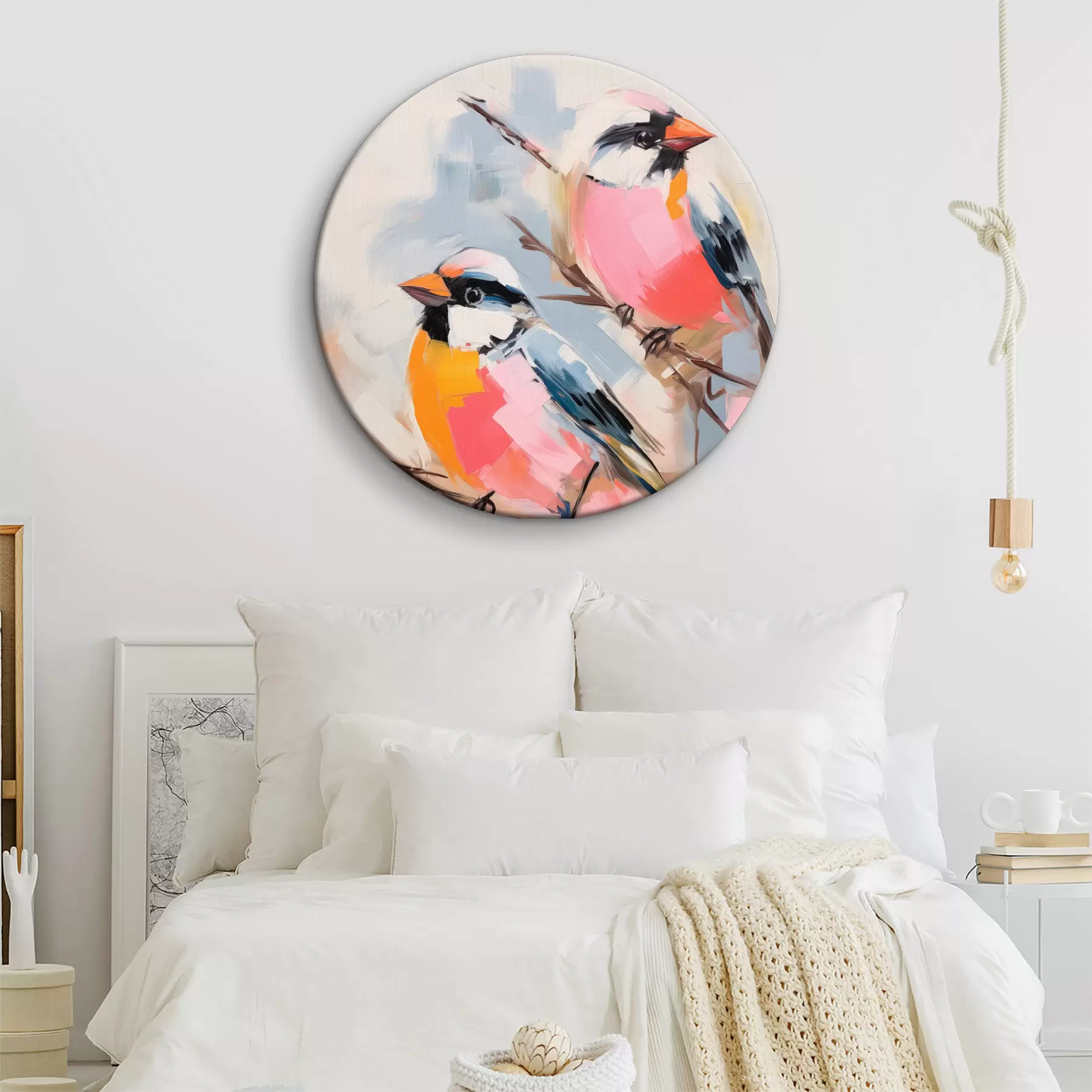 Wandbilder Bunte Vögel auf einem Zweig vor einem weichen pastellfarbenen Hintergrund r45578