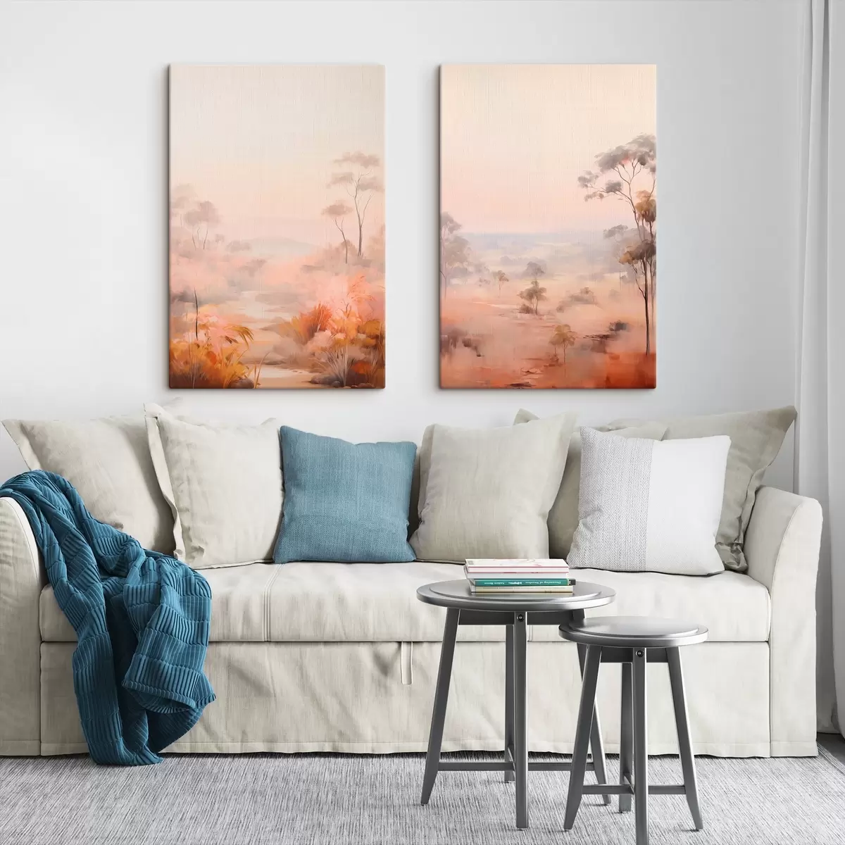 Wandbilder Eine Landschaft mit Sträuchern und Bäumen in Rosa-, Orange- und Brauntönen, mit Bergen im Hintergrund m00646