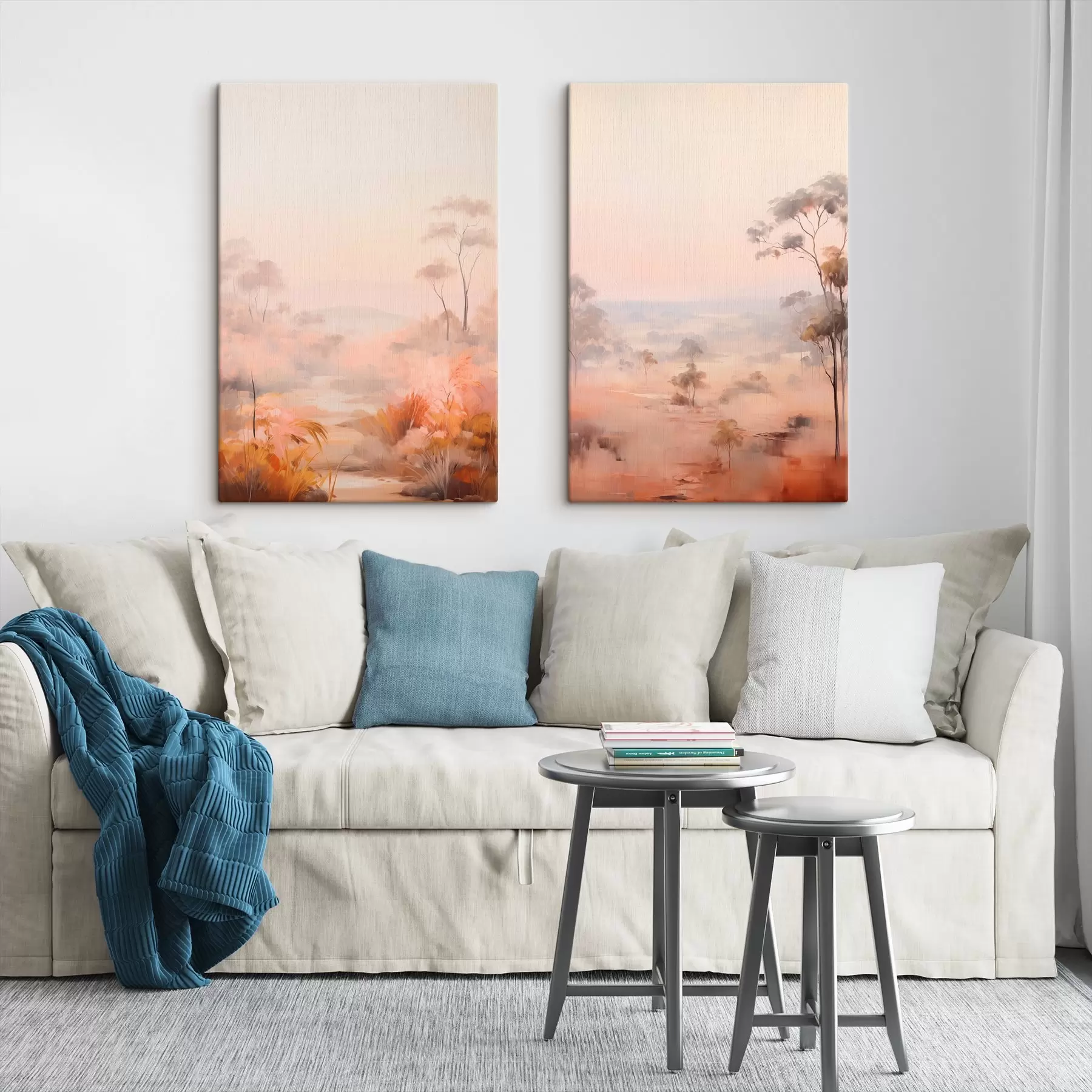 Wandbilder Eine Landschaft mit Sträuchern und Bäumen in Rosa-, Orange- und Brauntönen, mit Bergen im Hintergrund m00646