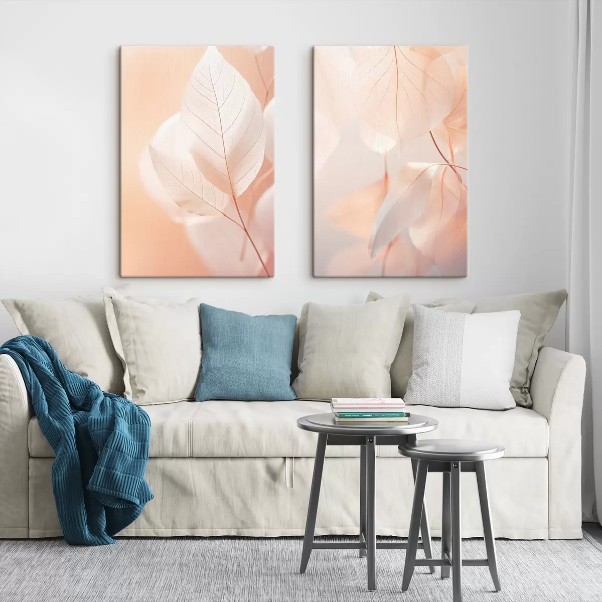 Wandbilder Nahaufnahme von durchscheinenden Blättern mit zarten Adern, weiche Pfirsich und weiße Farbpalette, verschwommener Hintergrund m00647