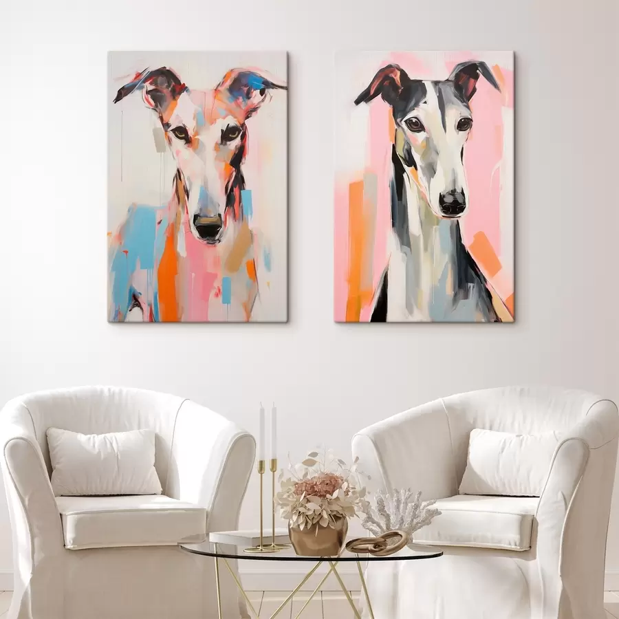 Wandbilder Ein Windhund, gemalt mit leuchtenden Farben wie Orange, Rosa und Blau, vor einem schlichten weißen Hintergrund m00652