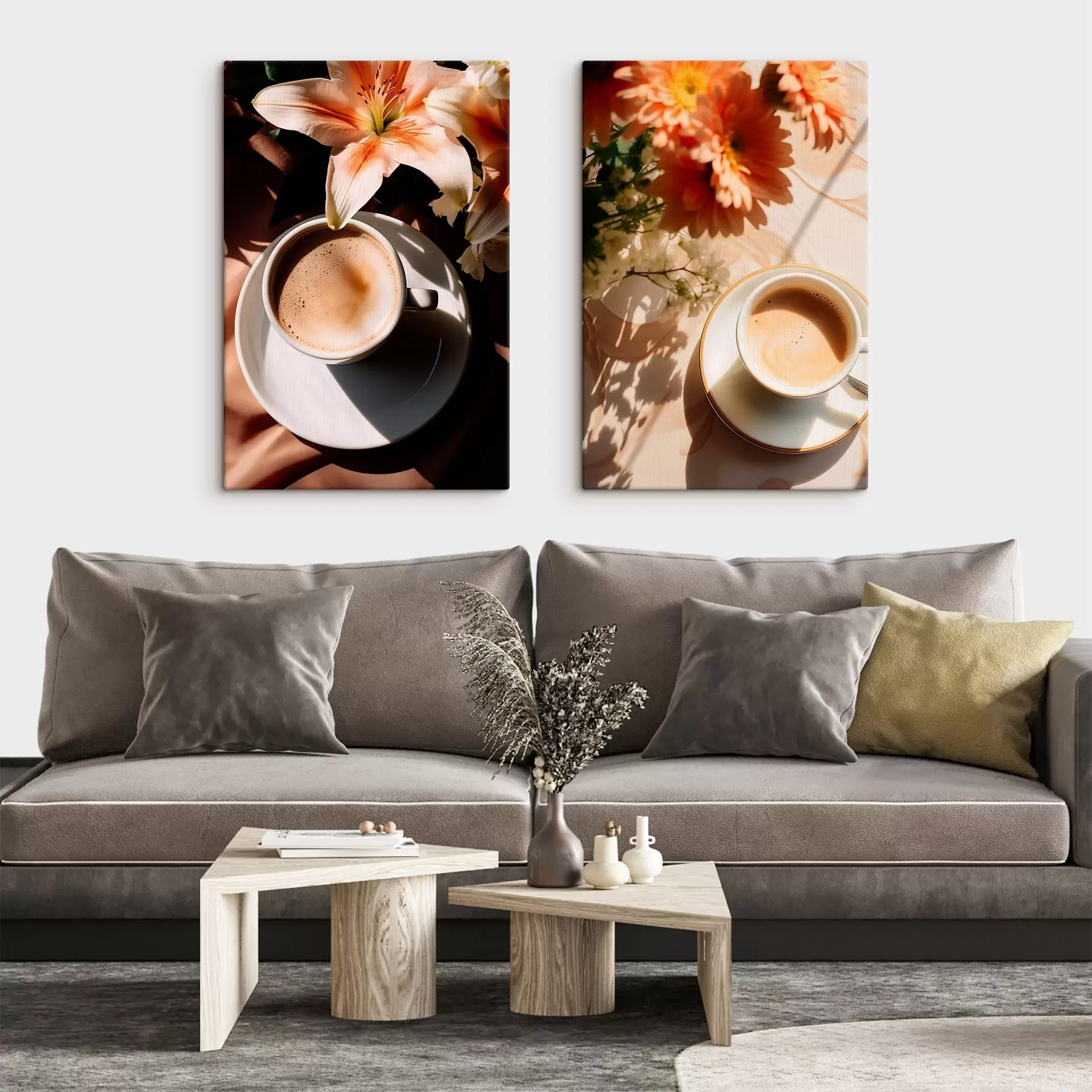 Wandbilder Eine Tasse Kaffee mit Schaum auf einem weißen Teller, einige Blumen im Hintergrund, mit Sonnenlicht m00654