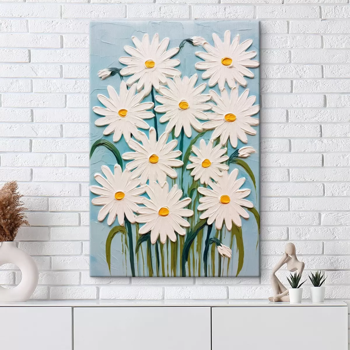 Wandbilder Gänseblümchen im Stil der Reliefmalerei: Komposition auf blauem Hintergrund s45527