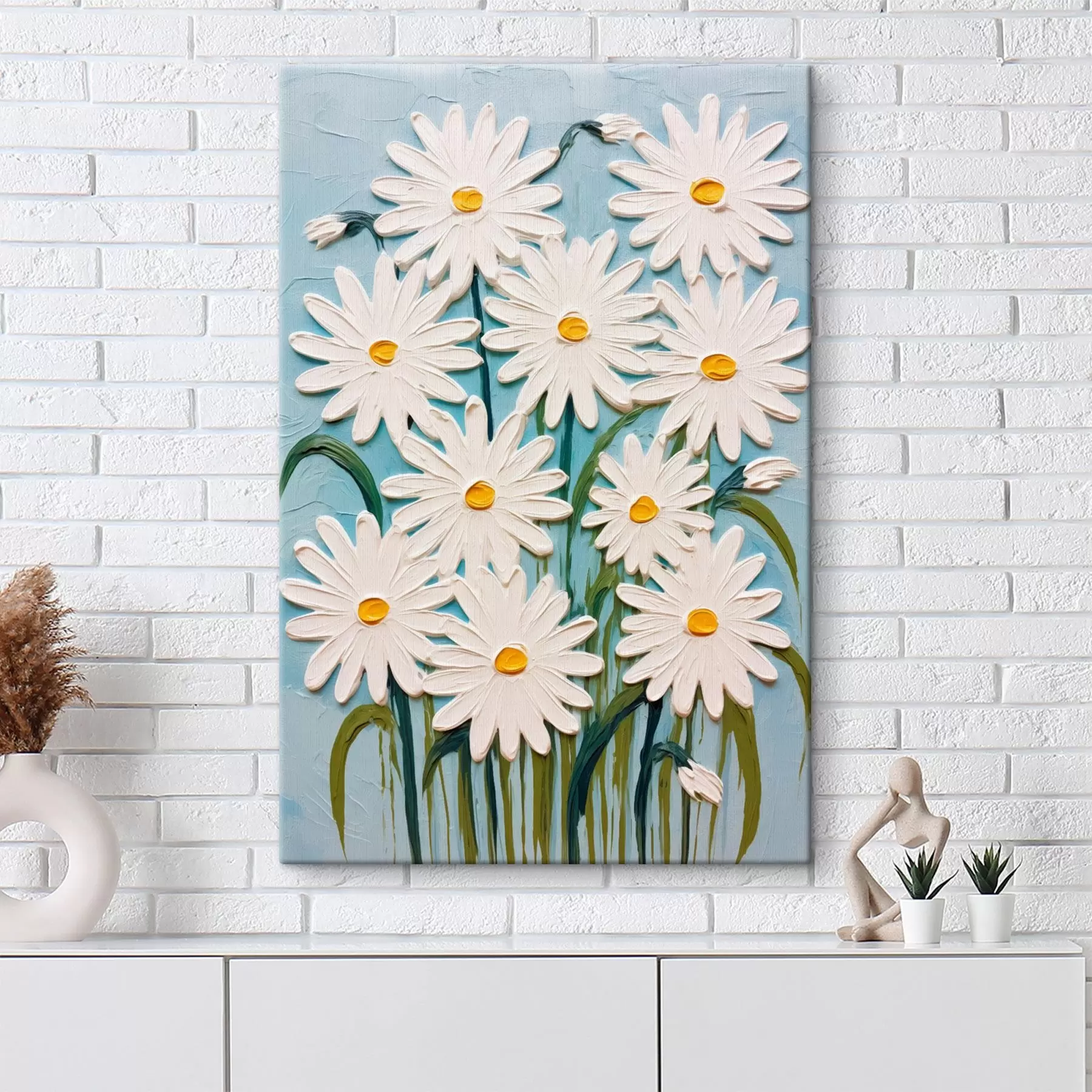 Wandbilder Gänseblümchen im Stil der Reliefmalerei: Komposition auf blauem Hintergrund s45527