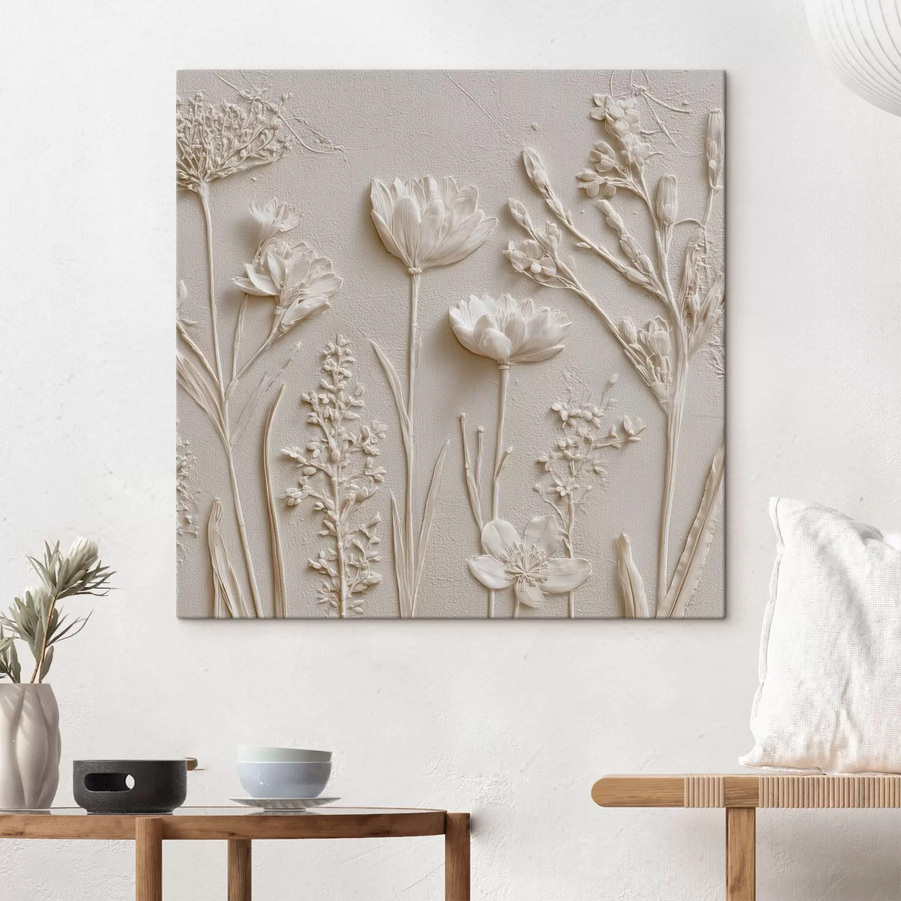 Wandbilder Abstrakte Komposition: Basrelief-Stil mit Blumen auf hellem Hintergrund s45535