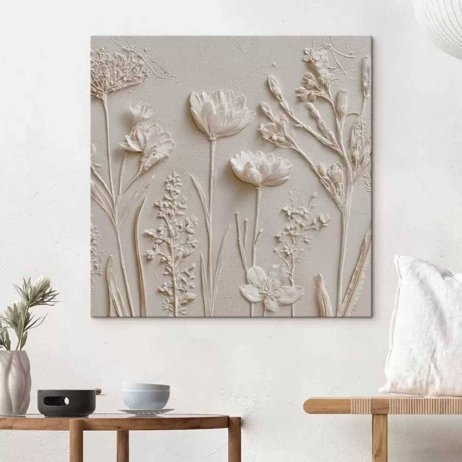Wandbilder Abstrakte Komposition: Basrelief-Stil mit Blumen auf hellem Hintergrund s45535