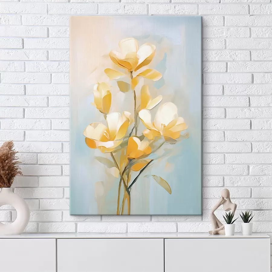 Wandbilder Blumenmotiv: Blumenstrauß in hellen Gelb- und Blautönen s45540