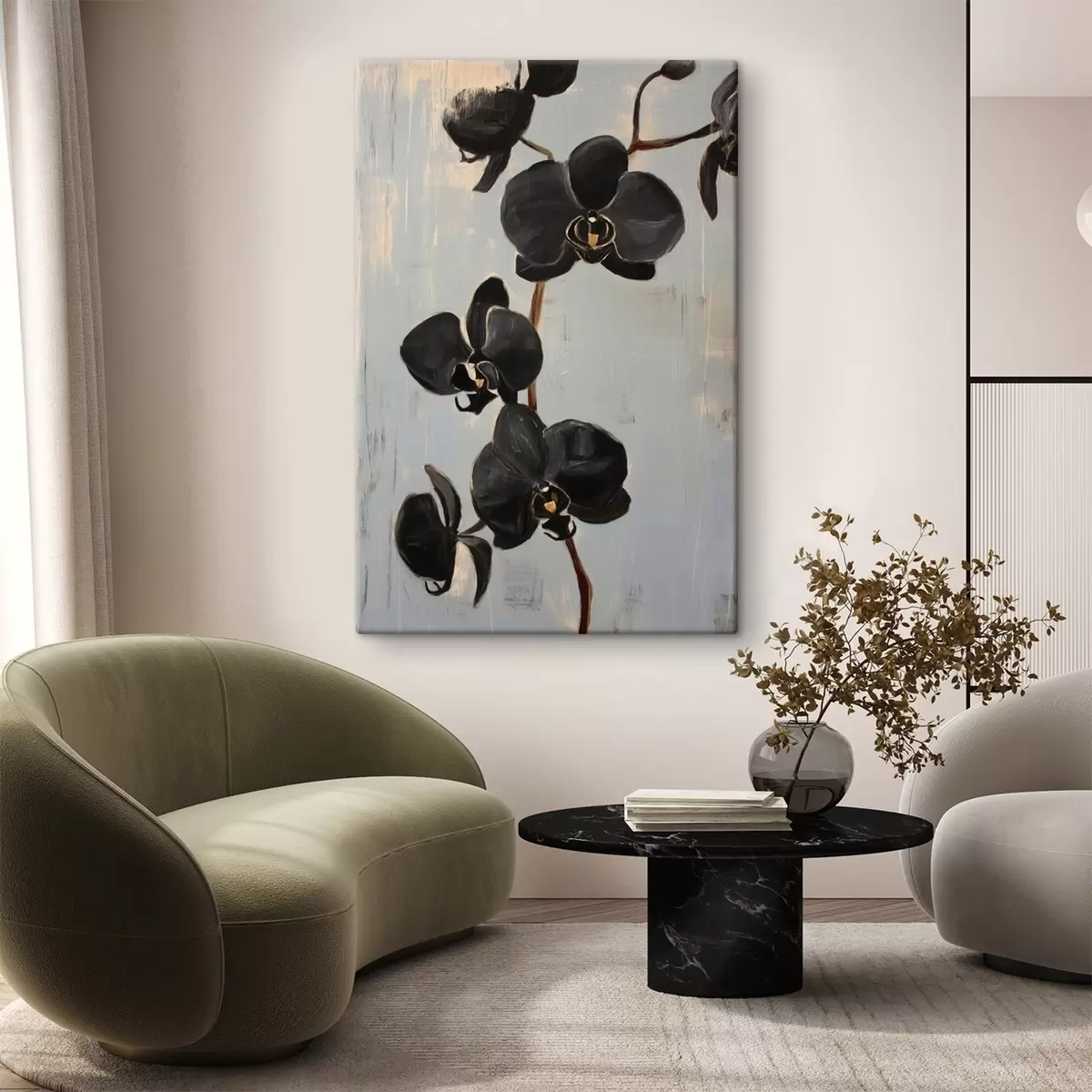 Wandbilder Dekorative Orchideen: schwarze Blumen auf grauem Hintergrund s45547