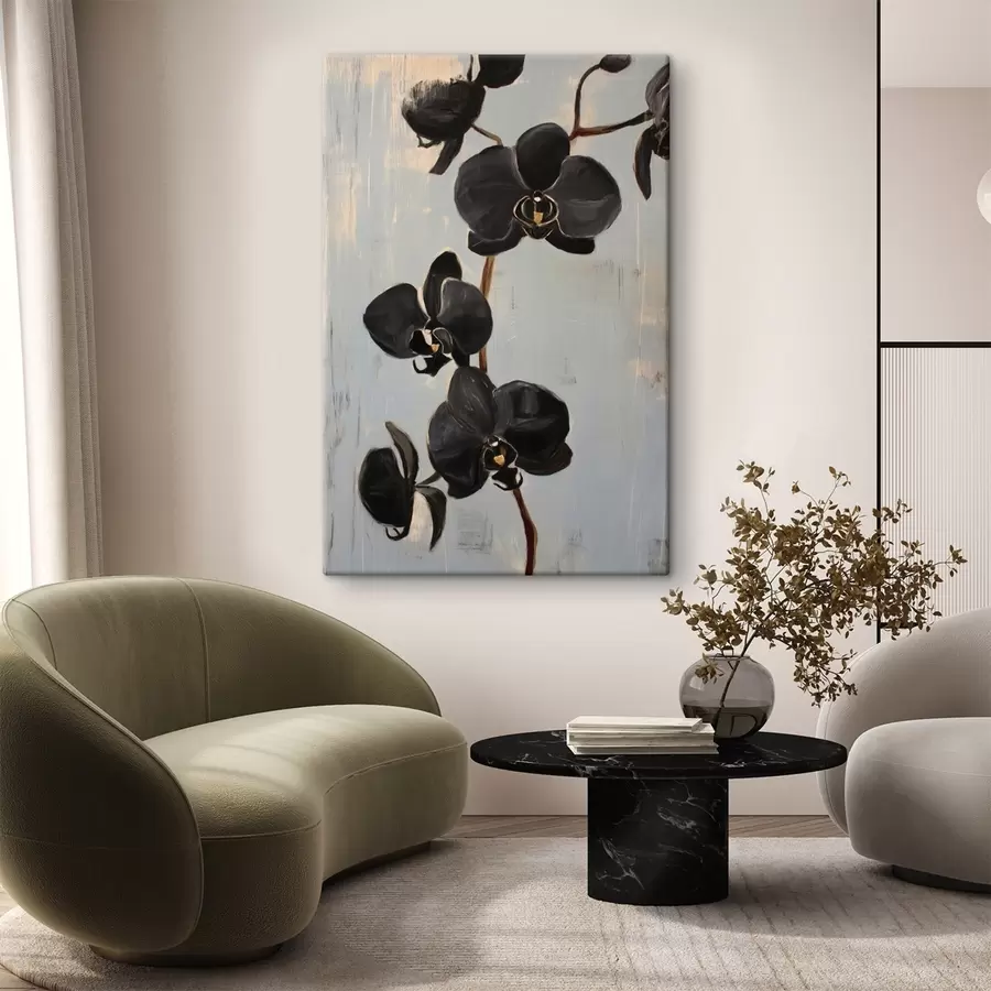 Wandbilder Dekorative Orchideen: schwarze Blumen auf grauem Hintergrund s45547