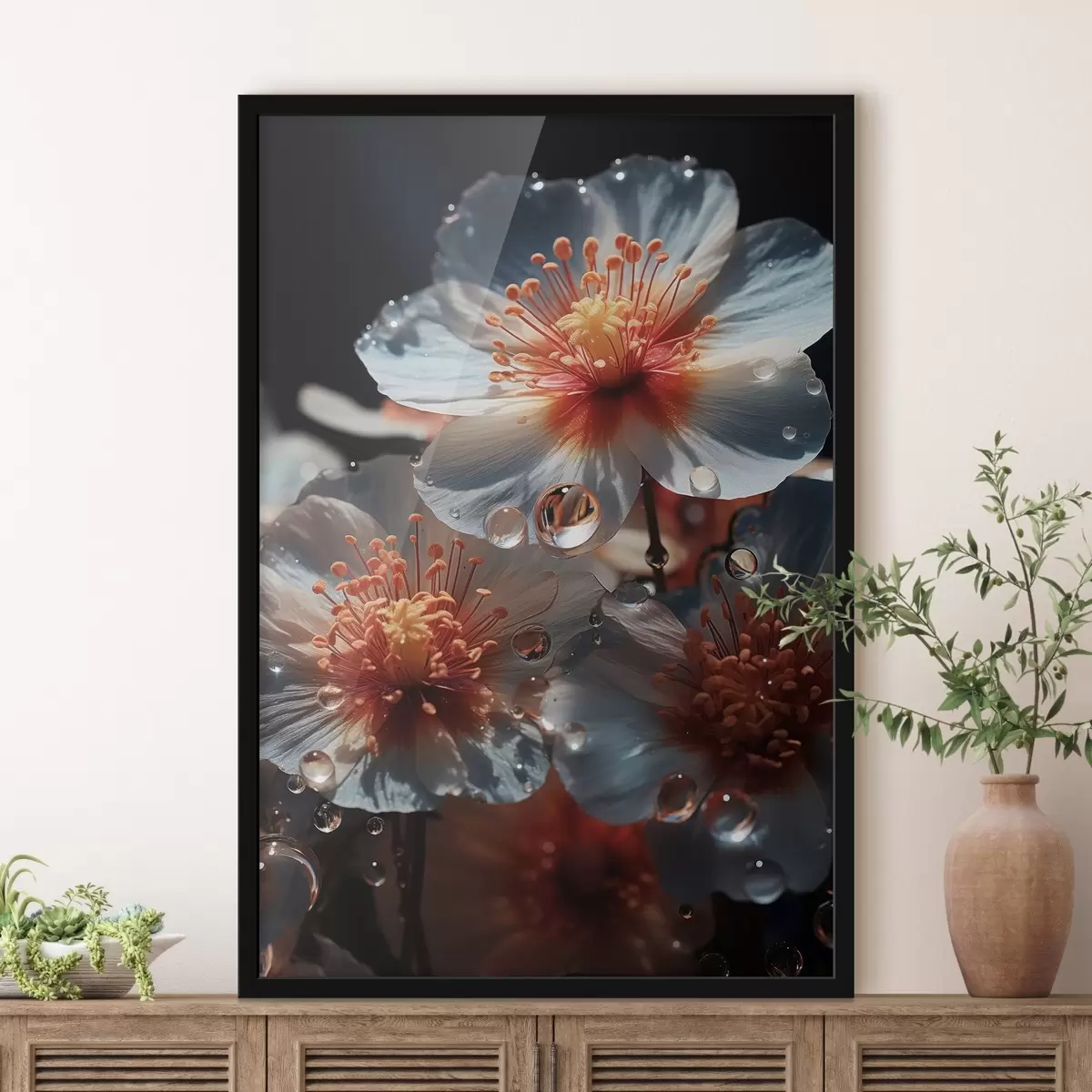 Poster Blumenmotiv: Schönheit der Blütenblätter mit Tau auf dunklem Hintergrund f45529