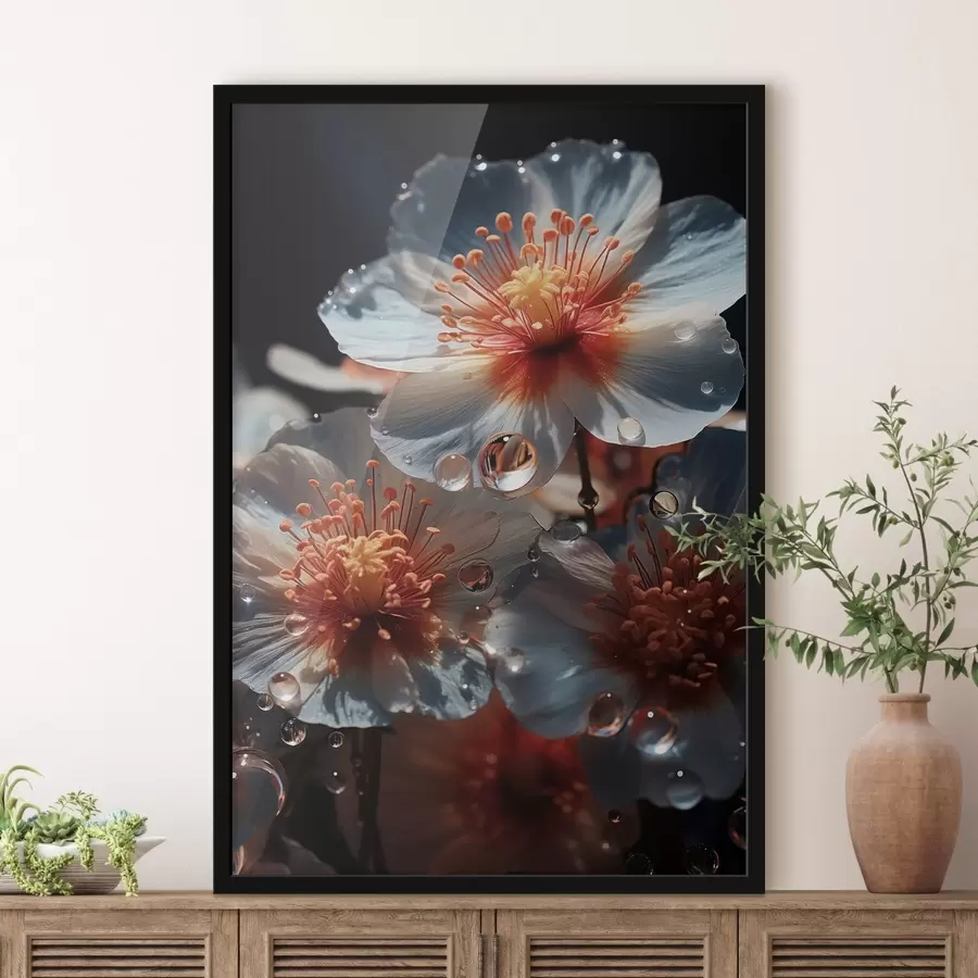 Fototapete Blumenmotiv: Schönheit der Blütenblätter mit Tau auf dunklem Hintergrund f45529