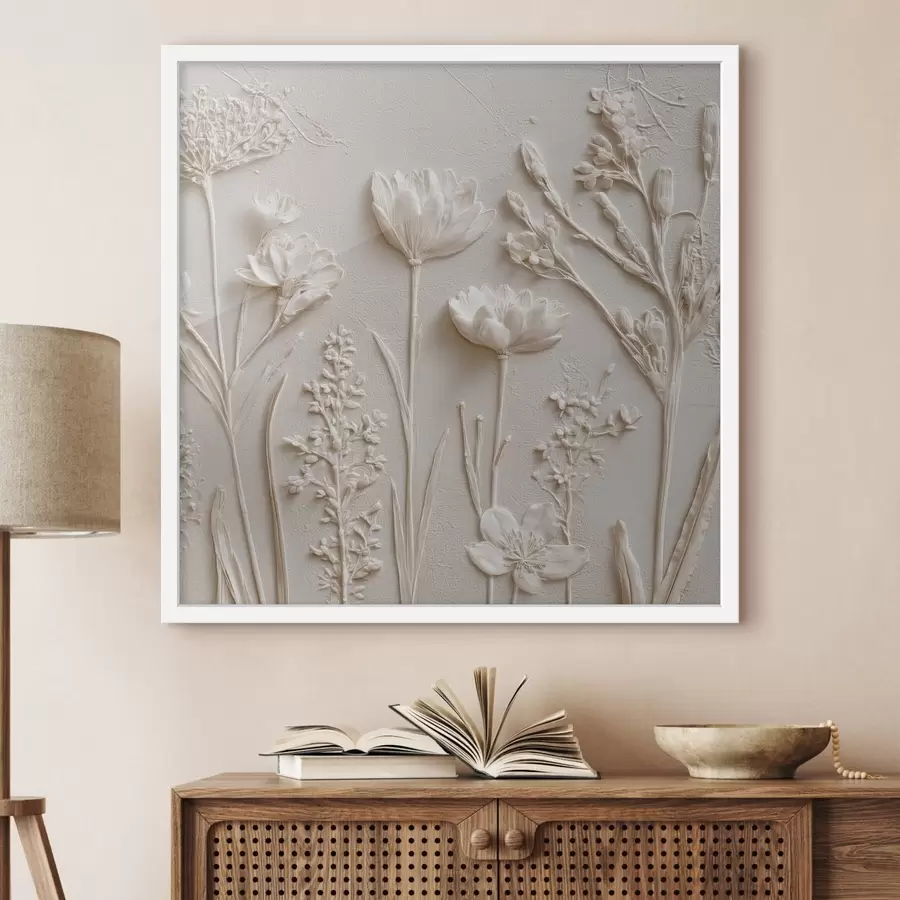 Fototapete Abstrakte Komposition: Basrelief-Stil mit Blumen auf hellem Hintergrund f45535