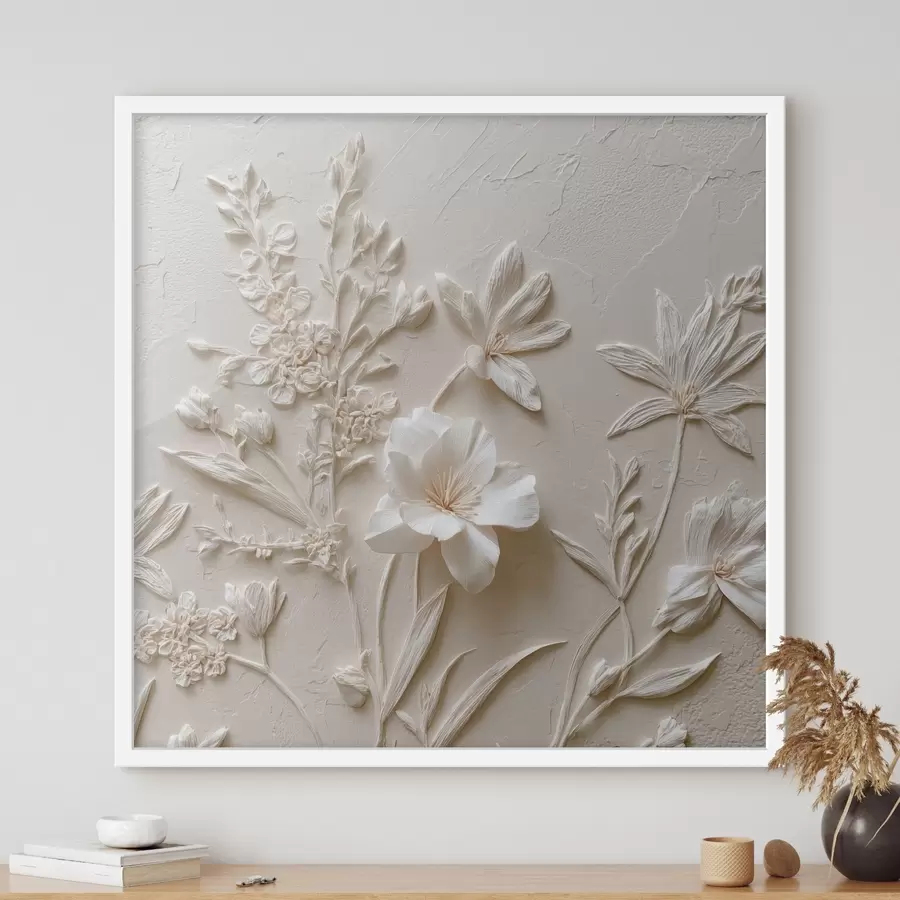 Fototapete Blumenmotiv: Basrelief mit Pflanzen auf hellem Hintergrund f45536