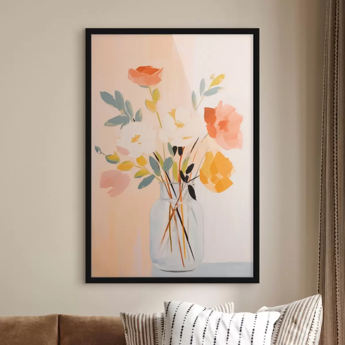 Poster Dekorative Blumen: abstrakter Blumenstrauß in einer Vase auf einem hellen Hintergrund f45539