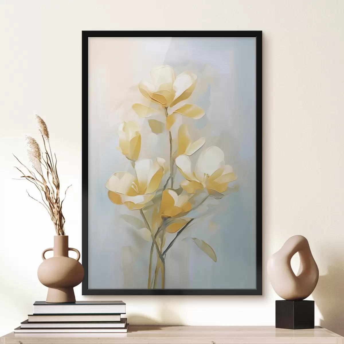 Poster Blumenmotiv: Blumenstrauß in hellen Gelb- und Blautönen f45540