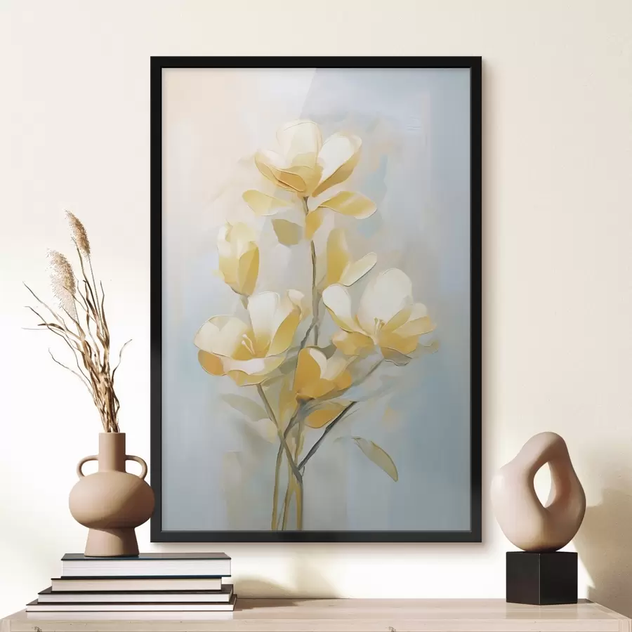 Fototapete Blumenmotiv: Blumenstrauß in hellen Gelb- und Blautönen f45540