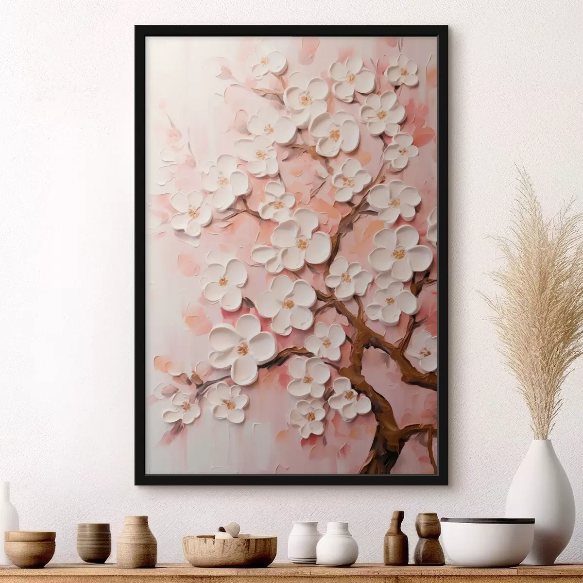 Poster Blühender Zweig: Reliefkomposition in hellen Rosatönen f45543