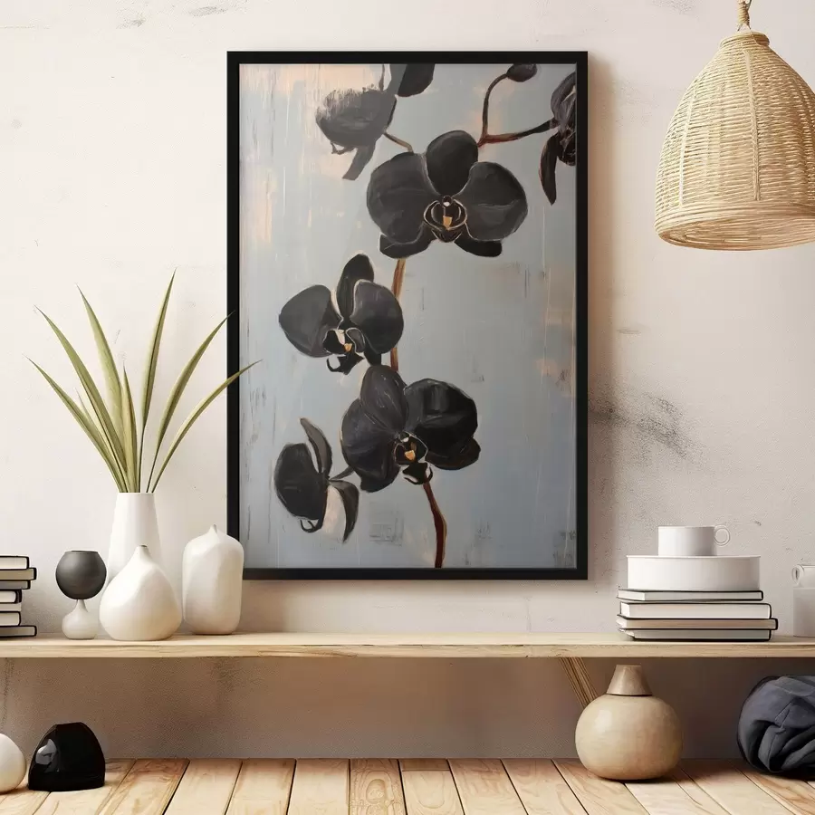 Fototapete Dekorative Orchideen: schwarze Blumen auf grauem Hintergrund f45547