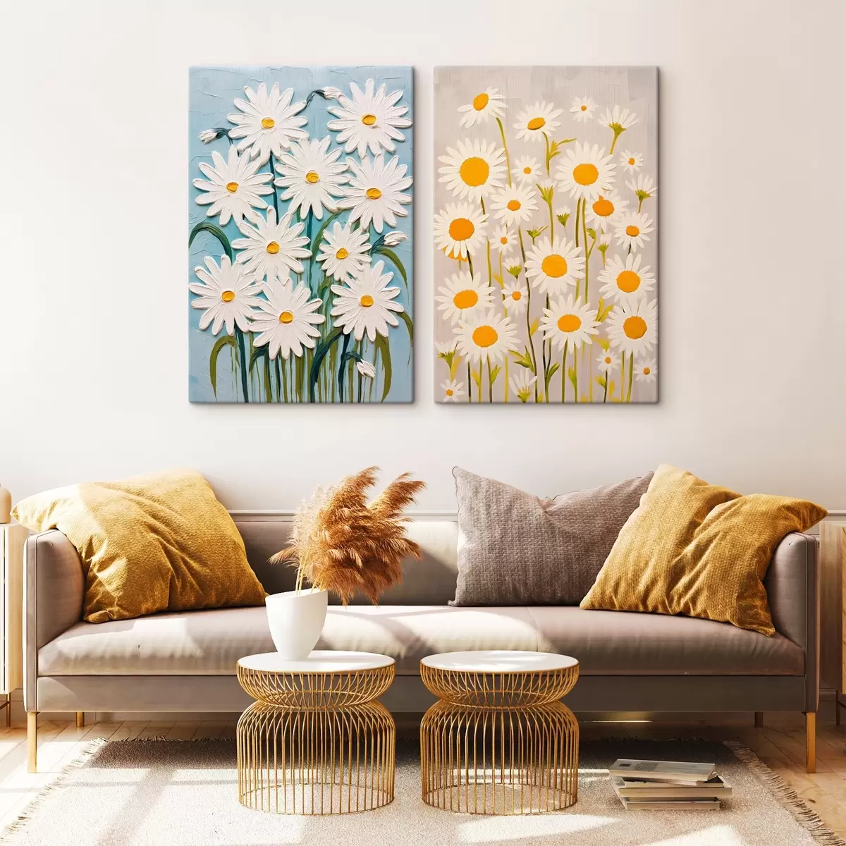 Wandbilder Frühlingsfrische: Diptychon mit voluminösen Gänseblümchen im Impasto-Stil m00633