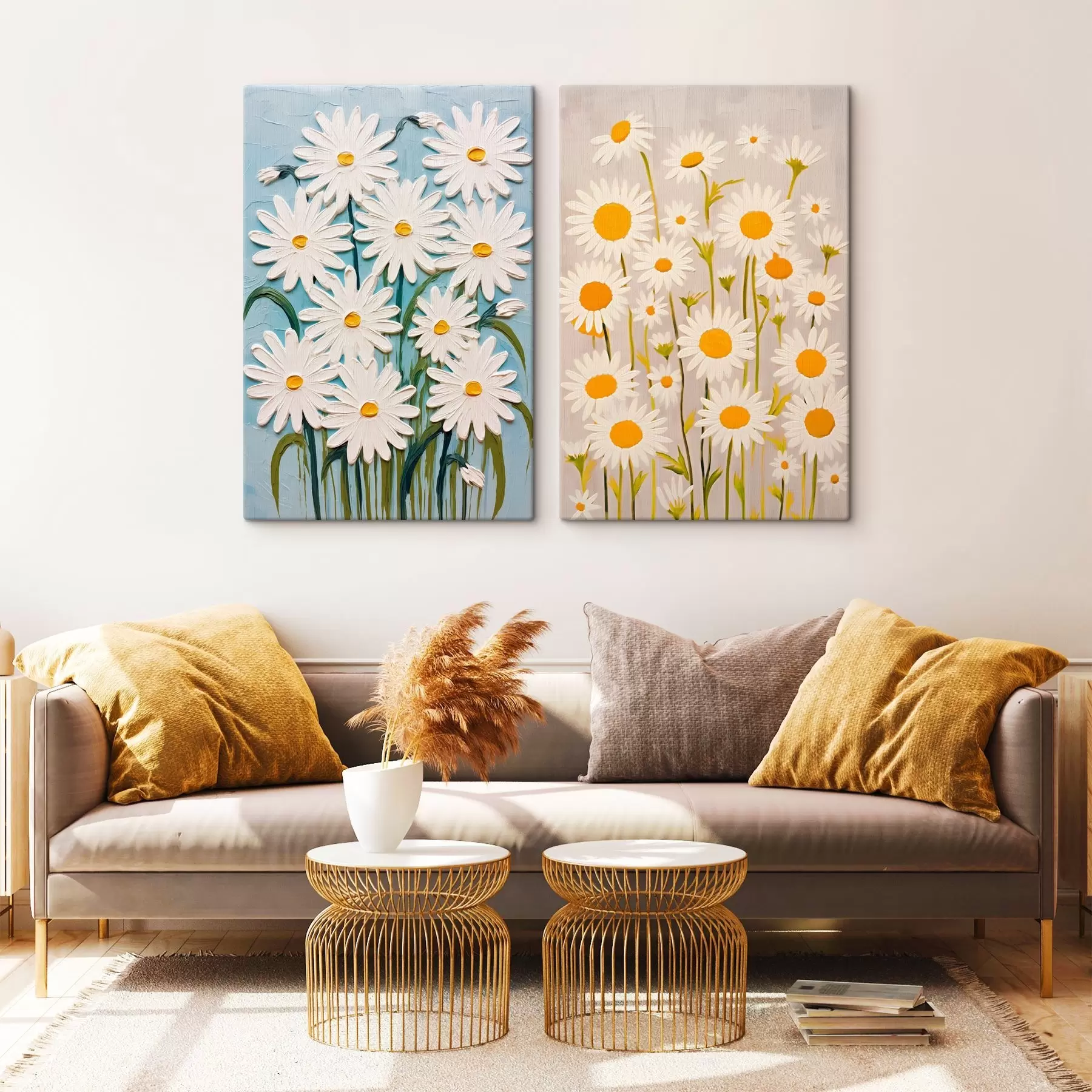 Wandbilder Frühlingsfrische: Diptychon mit voluminösen Gänseblümchen im Impasto-Stil m00633