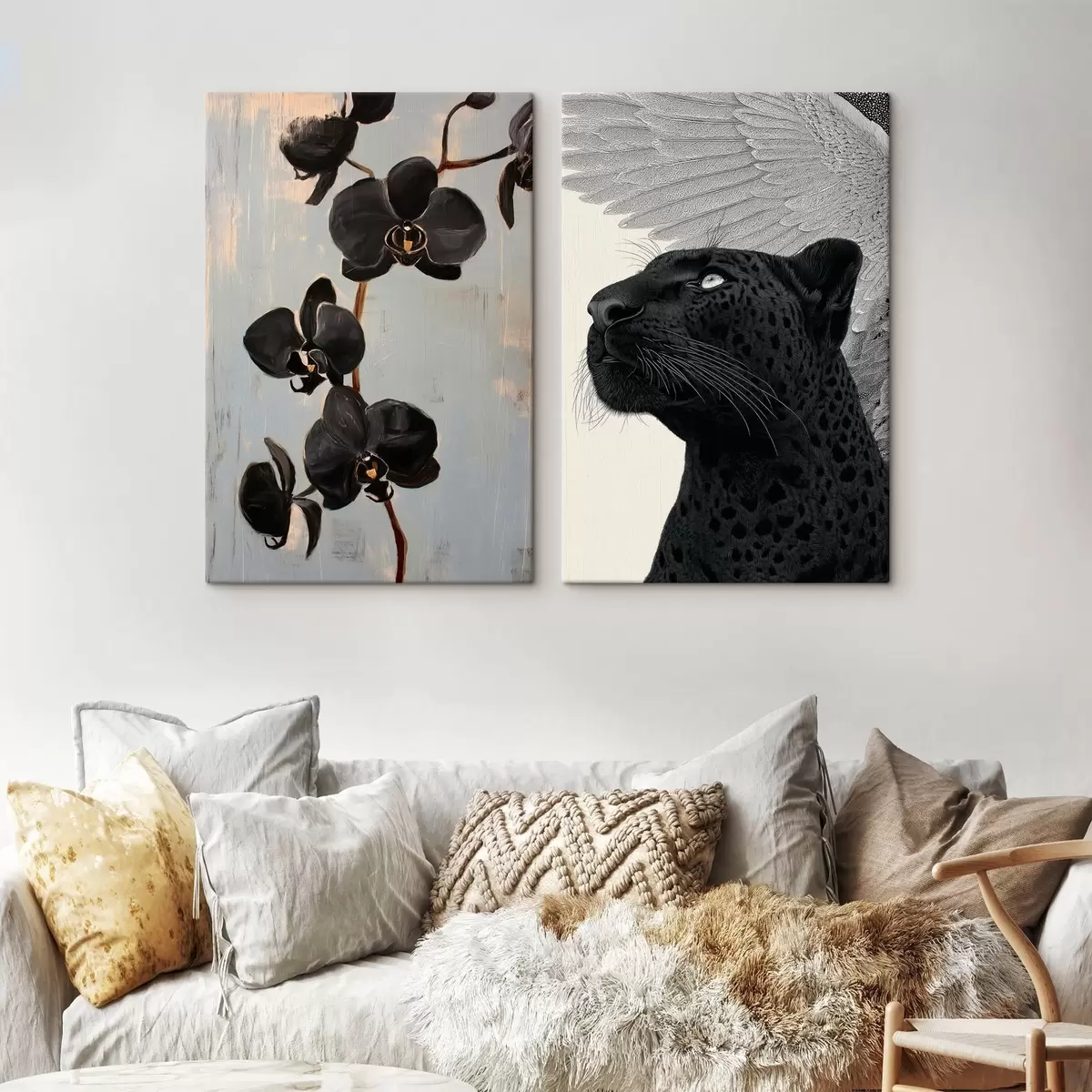 Wandbilder Dunkle Orchideen und geflügeltes Biest: künstlerische Komposition m00640