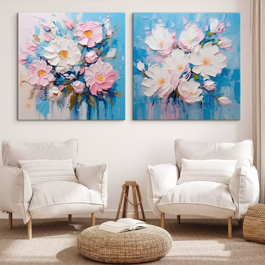 Wandbilder Abstrakte Blumen: dekorative Komposition in Rosa- und Blautönen m00643