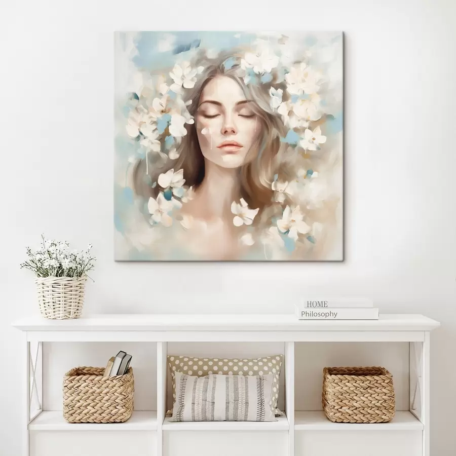 Wandbilder Abstraktes Porträt einer Frau mit Blumen in Form von Pinselstrichen s45450