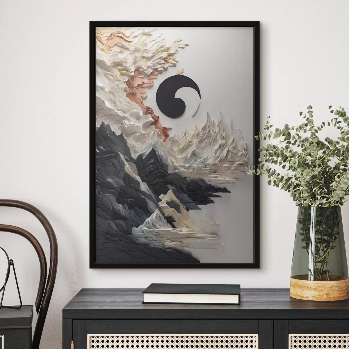 Poster Abstrakte Landschaft mit Bergen in einem Papier-Stil f45482