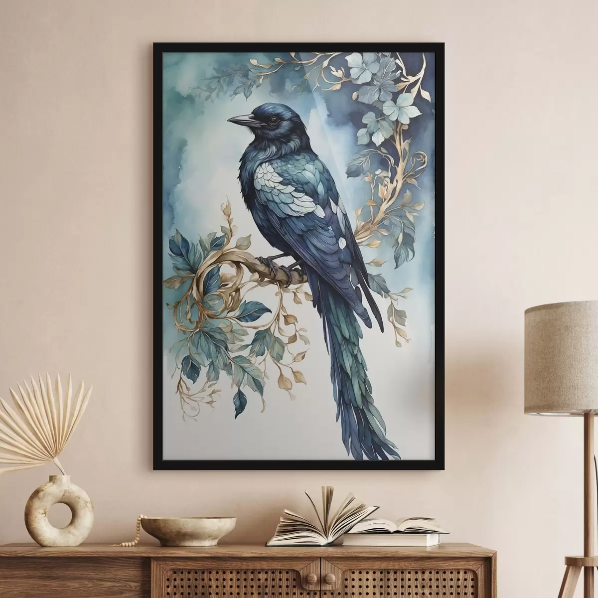 Poster Blauer Vogel auf einem Zweig mit Blättern im Aquarellstil f45483