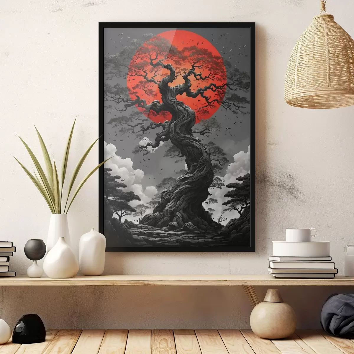 Poster Abstrakte Landschaft mit Bergen in einem Papier-Stil f45485