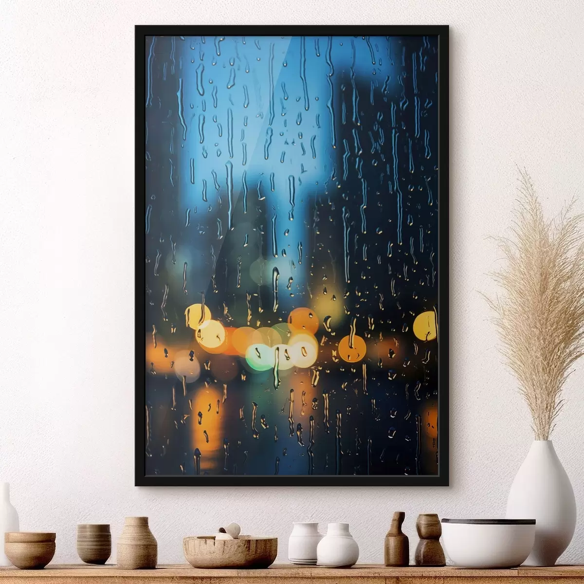 Poster Tasse Kaffee auf einem Tisch im Regen f45500