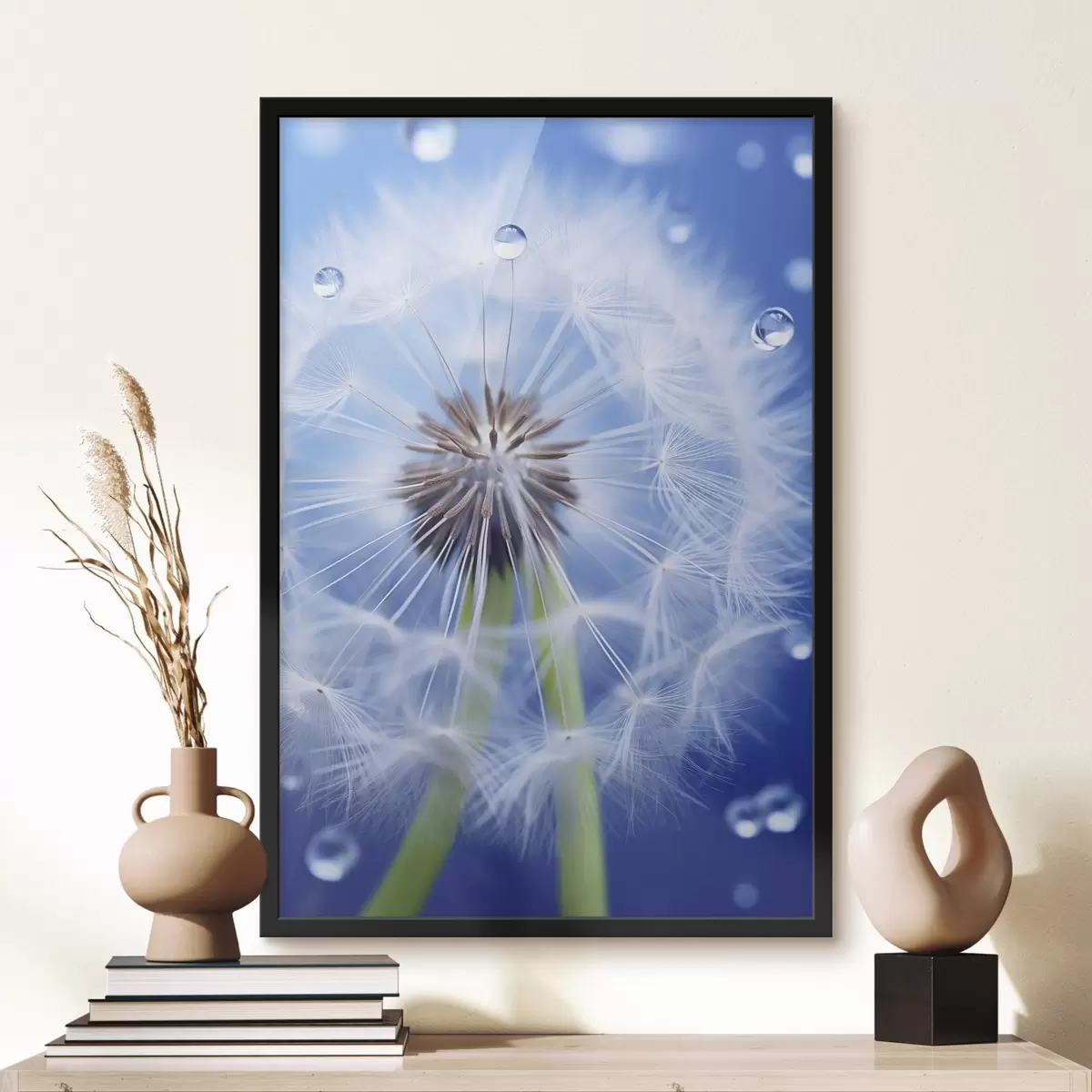 Poster Makroaufnahme einer Pusteblume auf blauem Hintergrund f45517