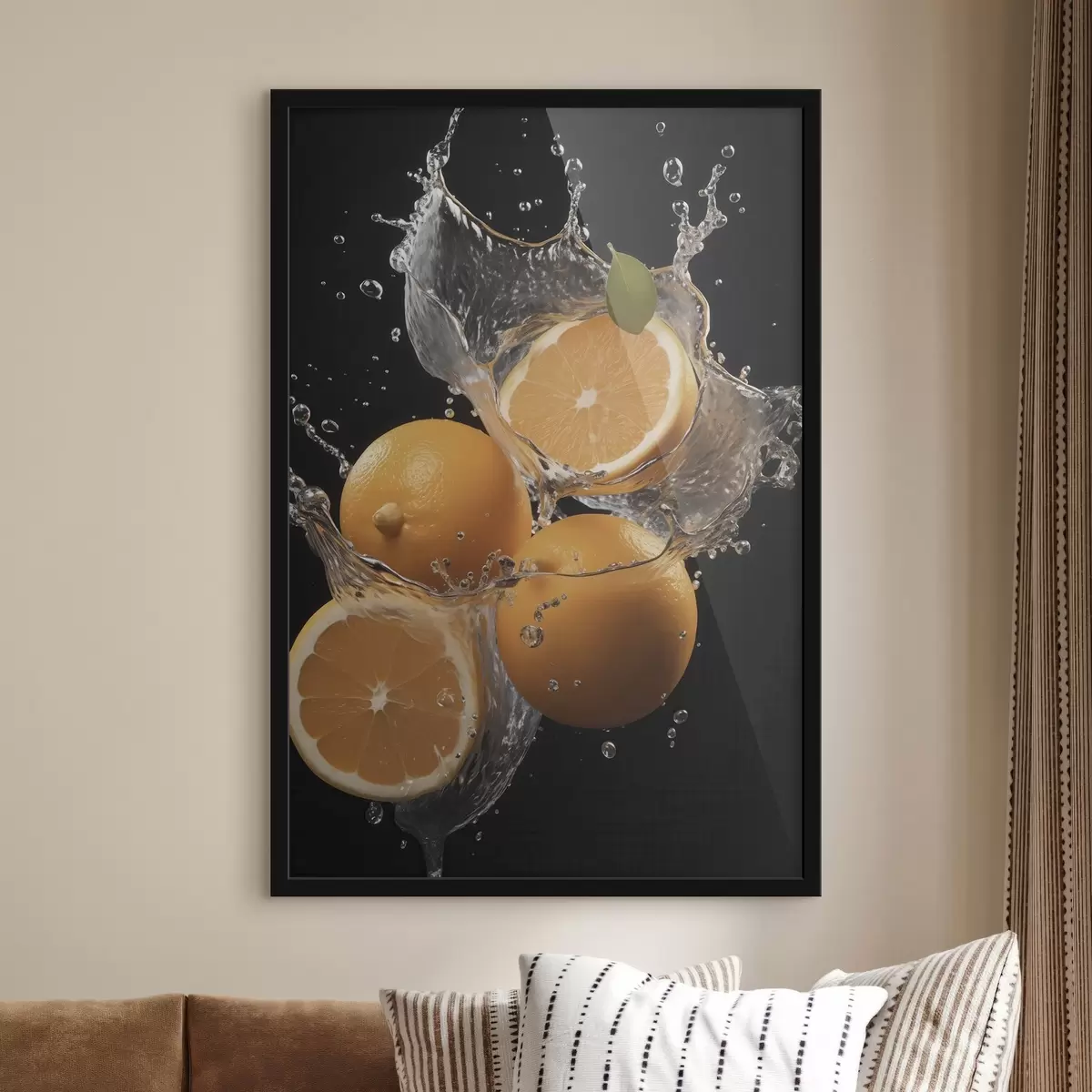 Poster Saftige Orangen in Wasserspritzern f45526