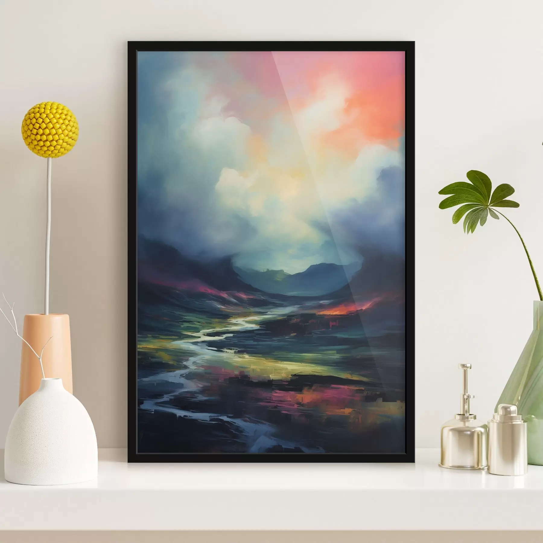 Fototapete Abstrakte Landschaft mit einem Fluss und Bergen f45627