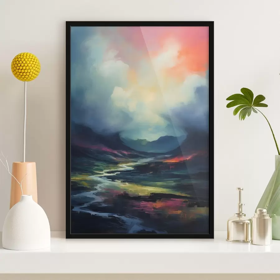 Fototapete Abstrakte Landschaft mit einem Fluss und Bergen f45627