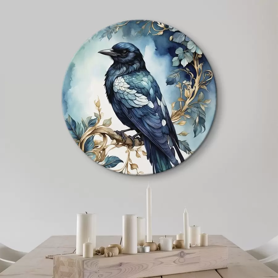 Wandbilder Blauer Vogel auf einem Zweig mit Blättern im Aquarellstil r45483