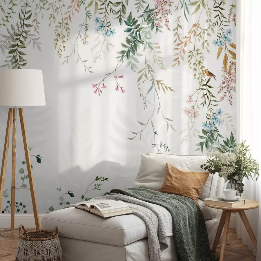 Fototapete Botanische Illustration mit Farnen, Gras und hängenden Pflanzen, Pastelltöne, auf weißem Hintergrund Aquarell strukturierten Stil w09364