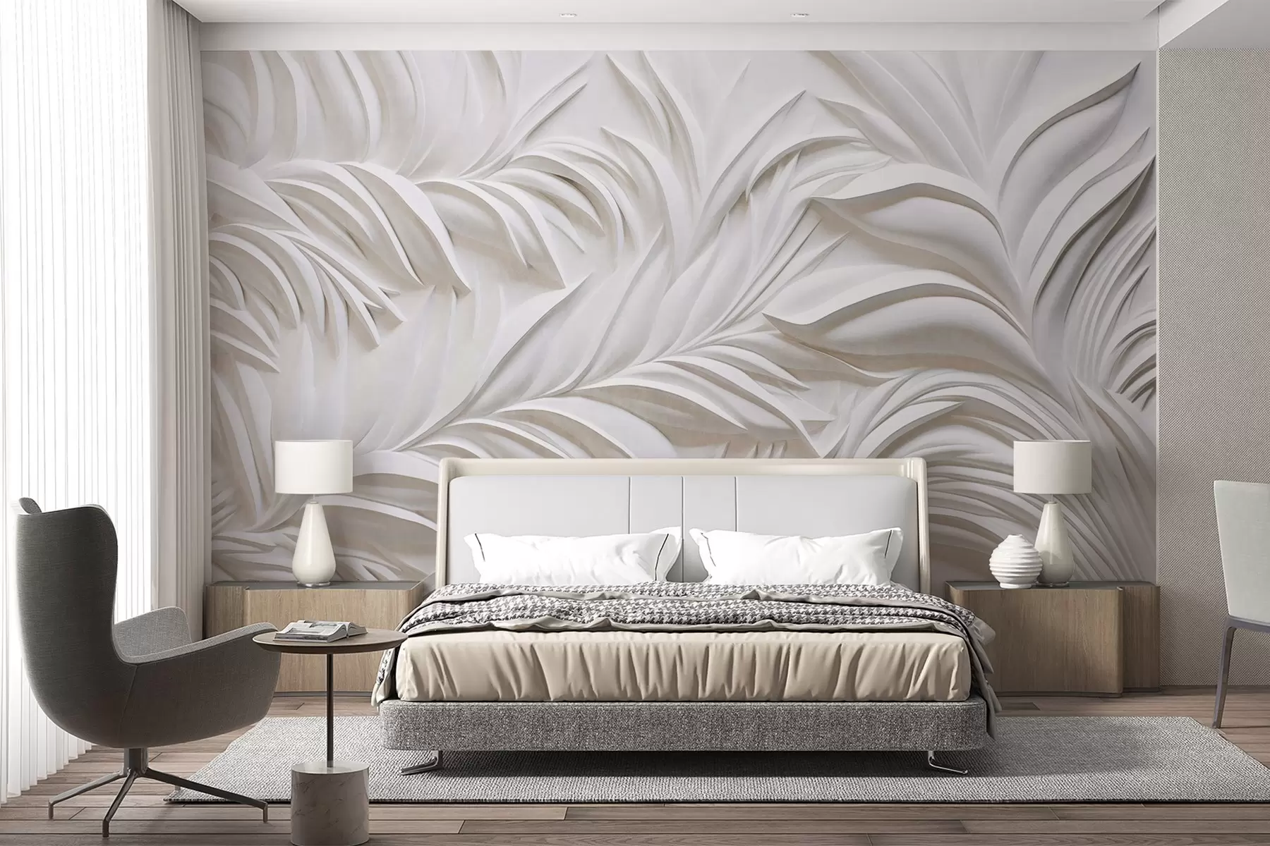 Fototapete Abstrakte, strukturierte weiße Blätter und florale Elemente, minimalistische Ästhetik w09378
