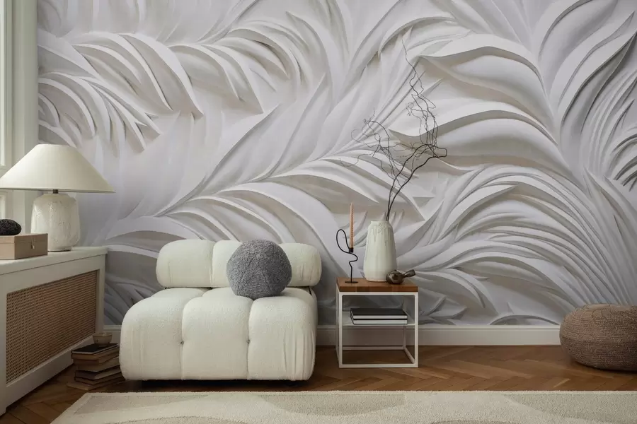 Fototapete Abstrakte, strukturierte weiße Blätter und florale Elemente, minimalistische Ästhetik w09378