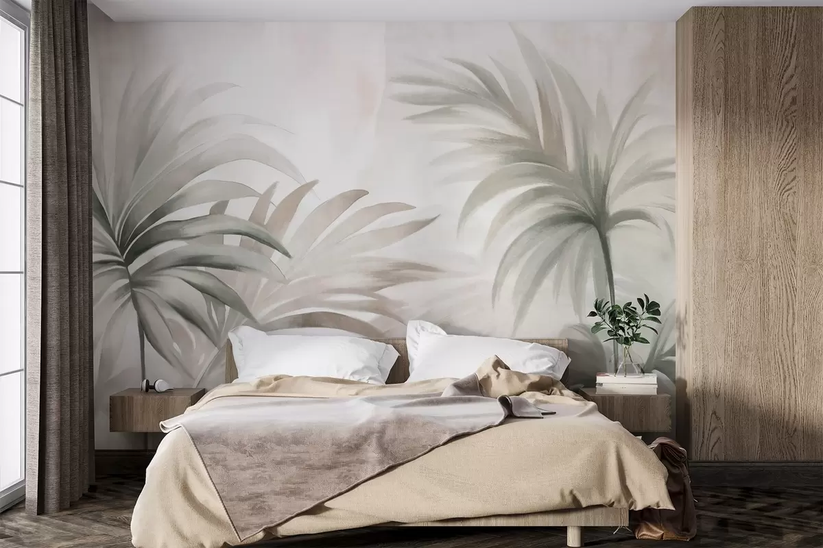 Fototapete Palme strukturierte Blätter in neutralen Farben, beige abstrakten Hintergrund, weiche Pinselstriche, tropischen strukturierten Laub w09380