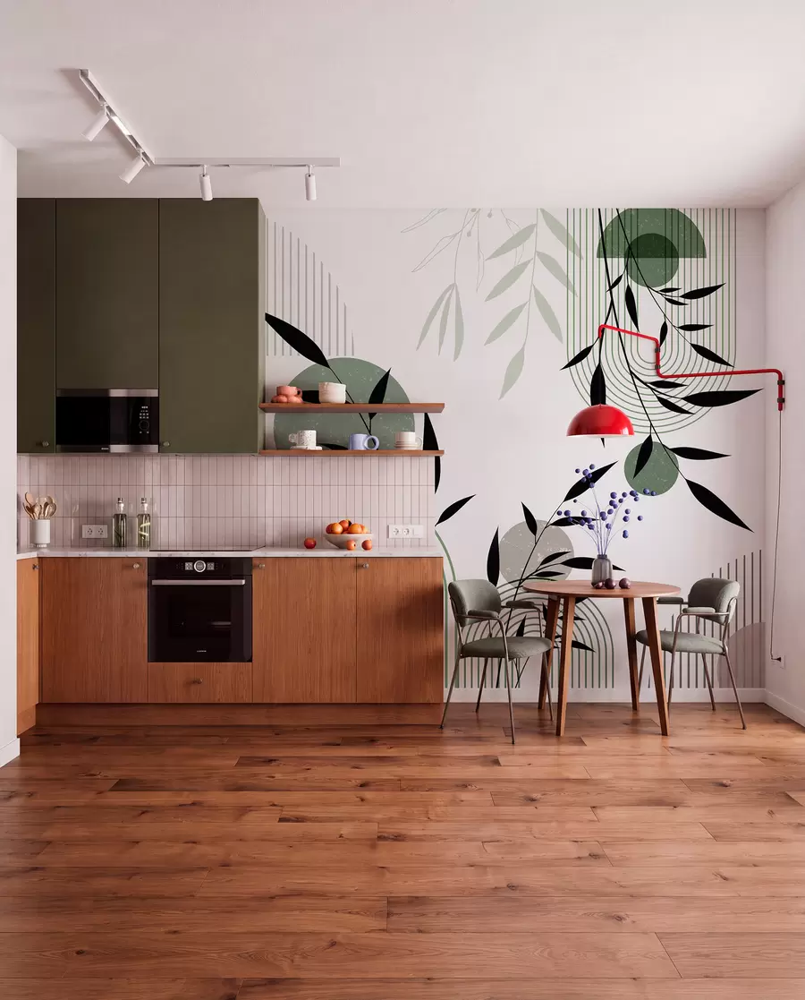 Fototapete Abstrakter Strukturdruck mit geometrischen Formen, Kreisen und Bögen sowie schwarzen und grünen Pflanzen auf weißem Hintergrund w09384