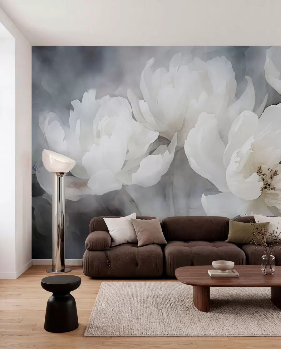 Fototapete Weiße Blumen auf einem nebligen, zarten Hintergrund w04441
