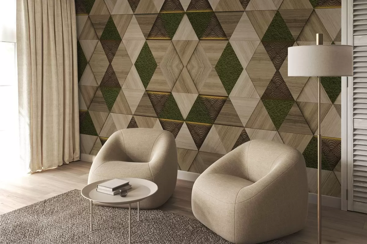 Fototapete Geometrisches Holzornament mit Moos w04459