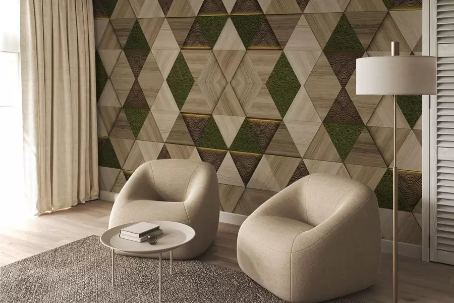 Fototapete Geometrisches Holzornament mit Moos w04459