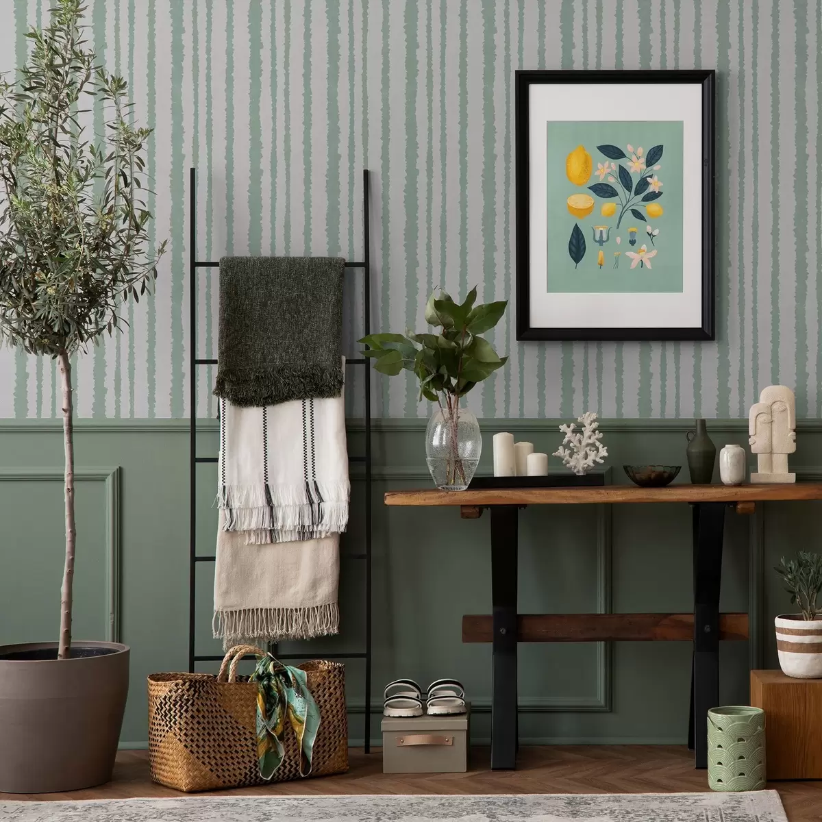 Tapete Ungleichmäßige mintfarbene Streifen auf weißem Hintergrund a00510