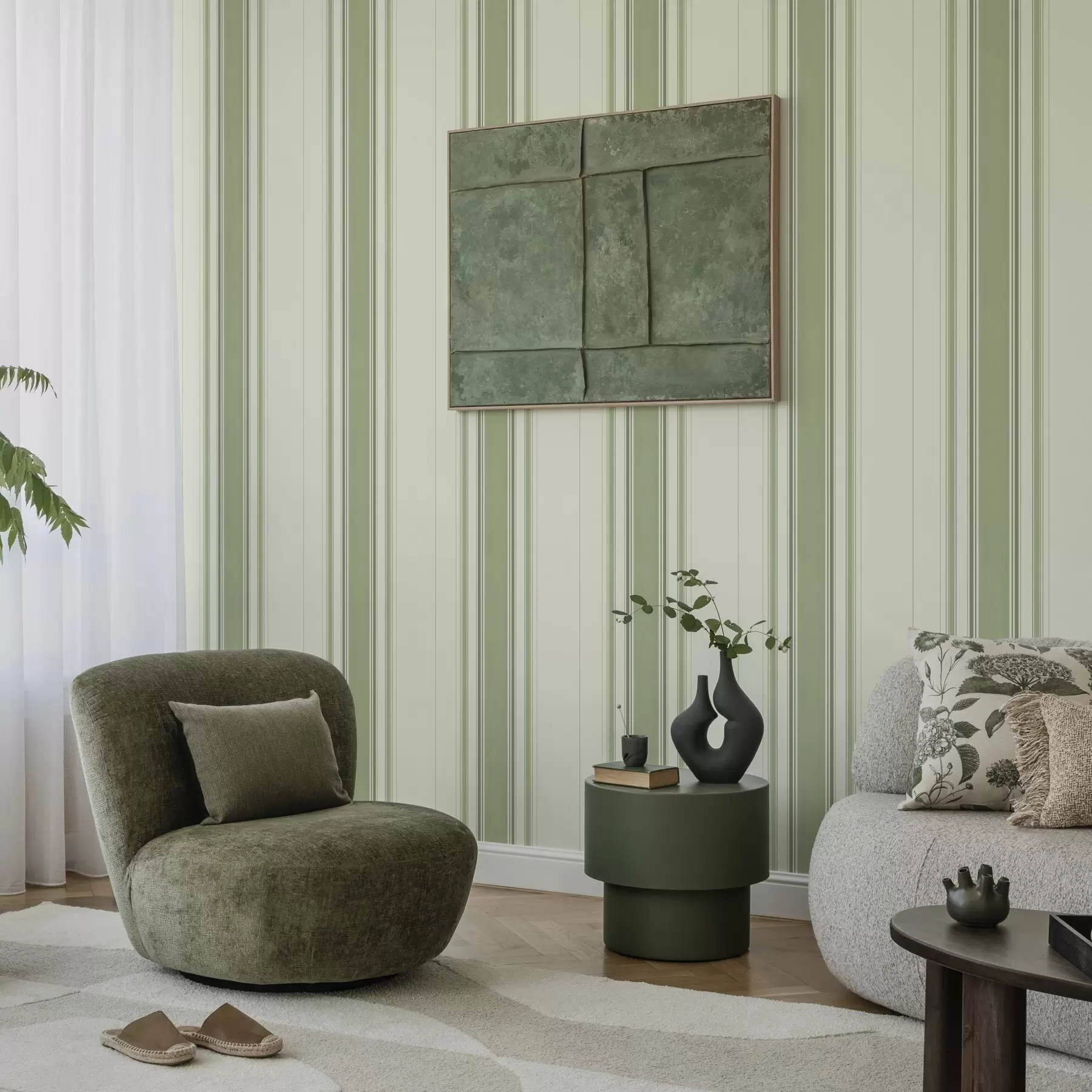 Fototapete Cremefarbener Hintergrund mit einem breiten grünen Mittelstreifen a00519