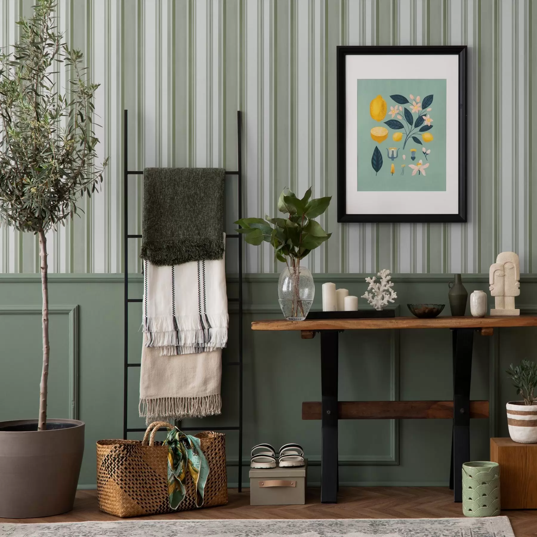 Fototapete Grüne Streifen mit weißen Abständen und dünnen Linien a00526