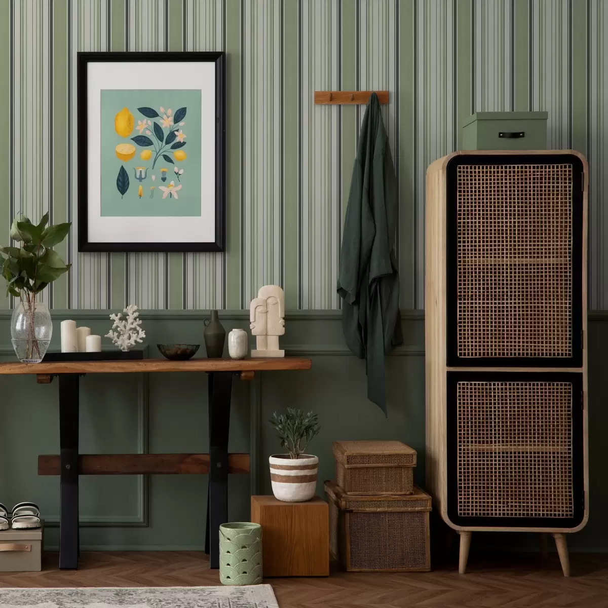 Tapete Cremefarbener Hintergrund mit einer Mischung aus grünen und schwarzen Streifen a00563