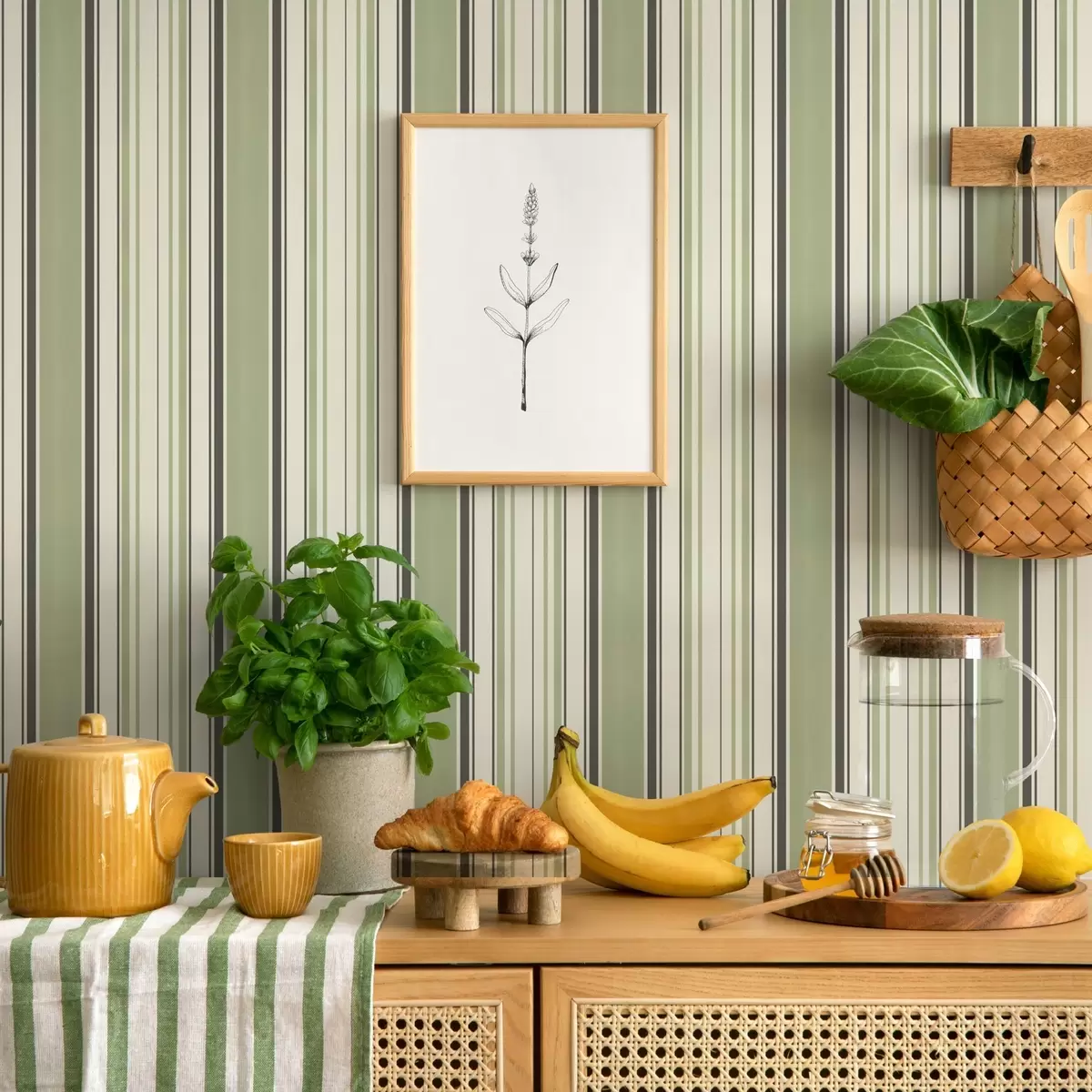 Tapete Cremefarbener Hintergrund mit einer Mischung aus grünen und schwarzen Streifen a00563