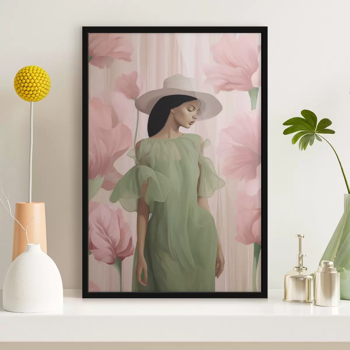 Poster Mädchen mit Hut zwischen Blumen f45678